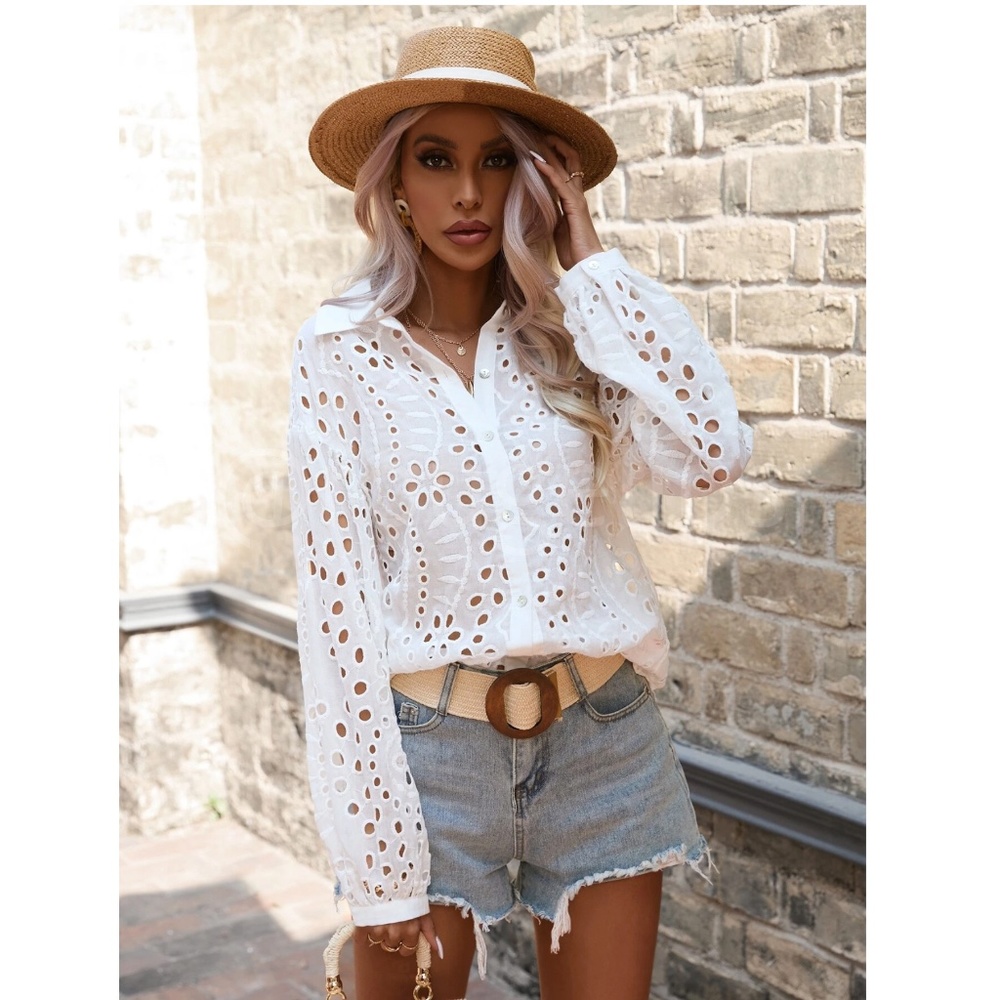 White Boho Eyelet Button Down Shirt Bishop Long Sleeves - Picture 5 of 9